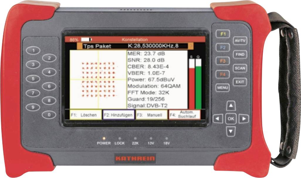 A handheld signal meter with a screen displaying a constellation diagram, signal strength, and quality parameters for DVB-T2 tuning.