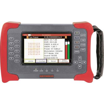 A handheld signal meter with a screen displaying a constellation diagram, signal strength, and quality parameters for DVB-T2 tuning.