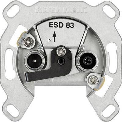A metal TV and radio wall socket labeled 'ESD 83 IN' with multiple connectors for cable inputs, mounted in a frame.