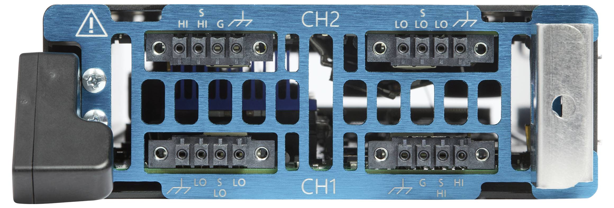 'CH1' and 'CH2' labeled blue circuit board with connection terminals, featuring warnings and input options for 'HI', 'LO', 'S', and 'G'.