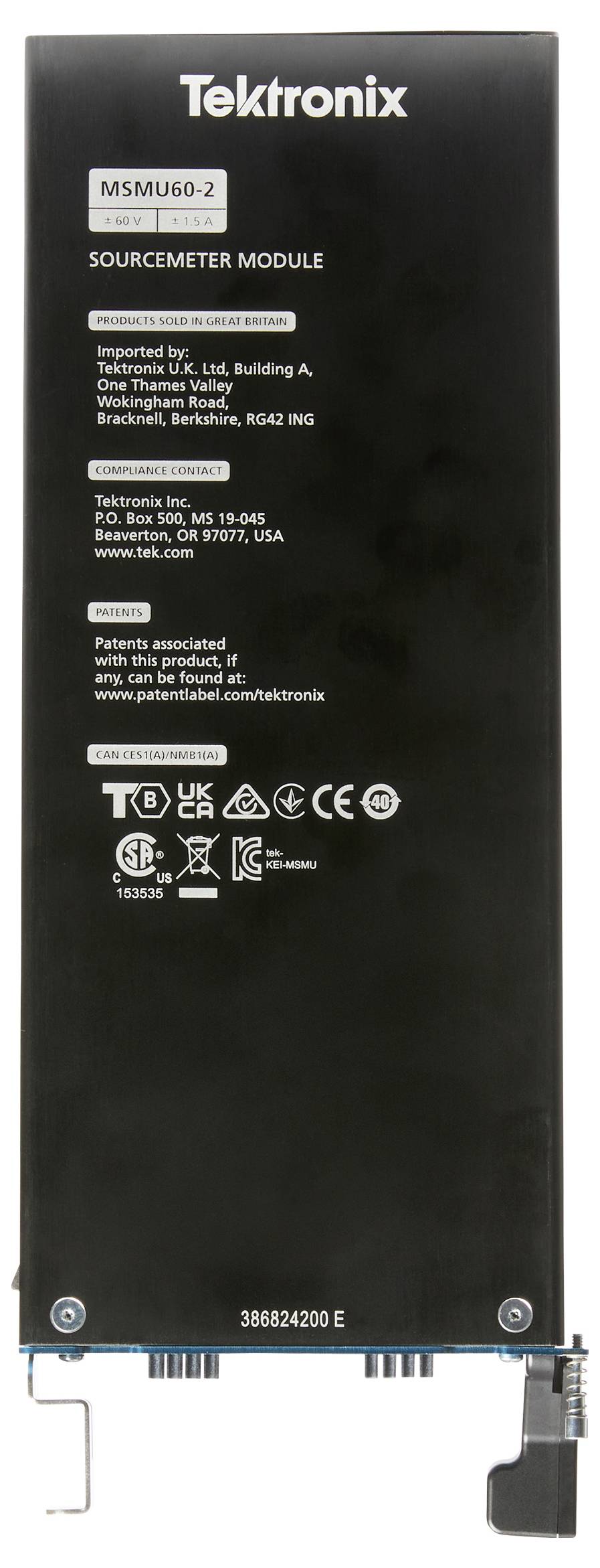 'Sourcemeter Module by Tektronix; MSMU60-2 model; technical details and compliance logos on the device.'