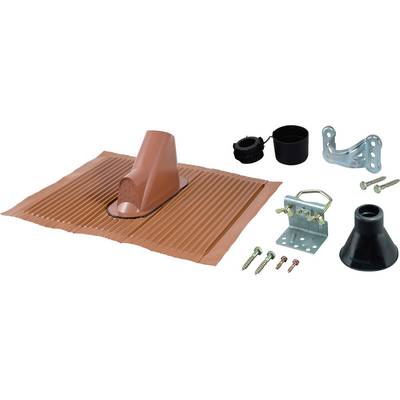 Roofing kit showing a terracotta flashing piece, pipe supports, brackets, and screws, likely used for sealing roof penetrations.