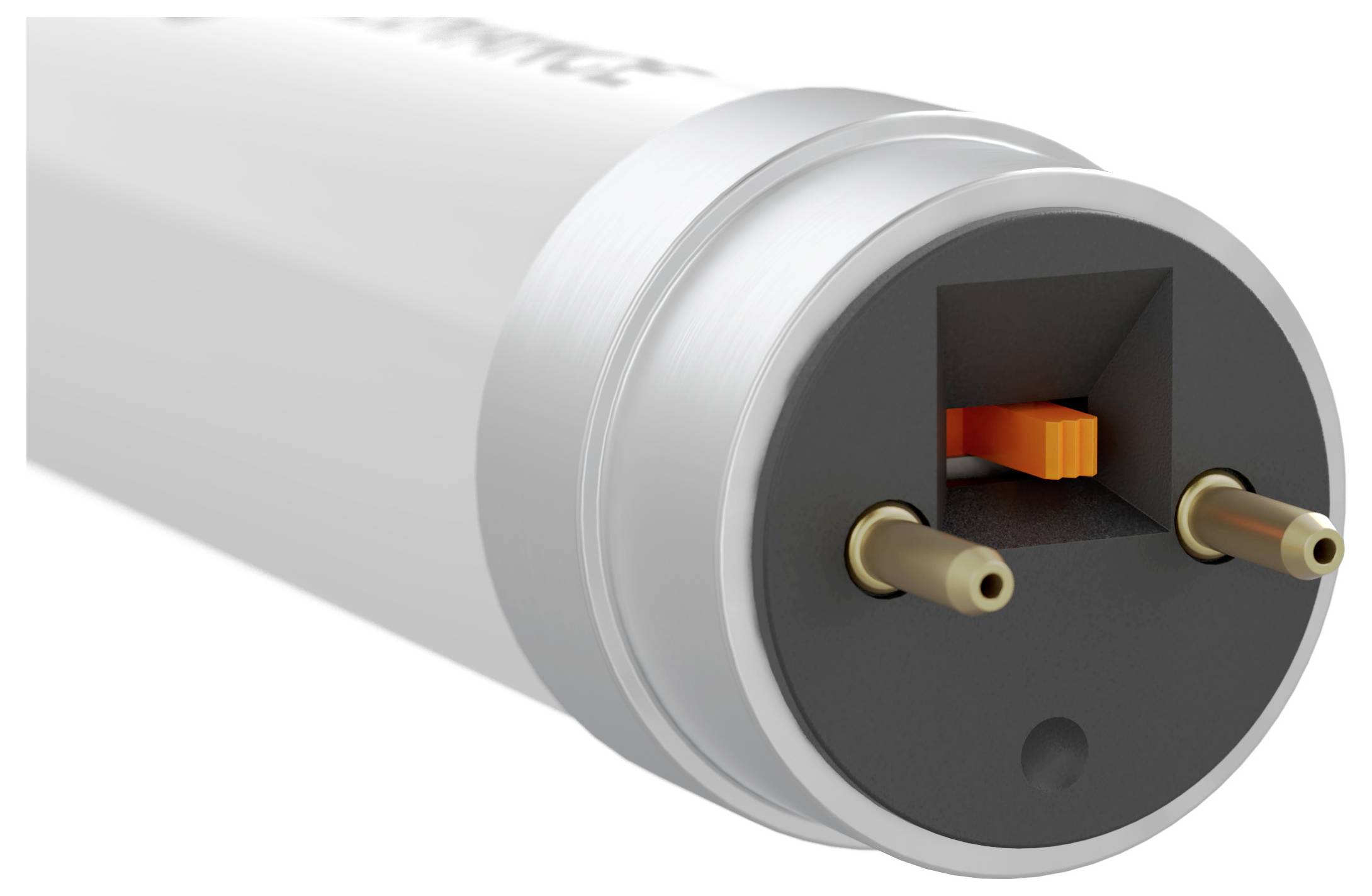 A close-up view of one end of a fluorescent tube light with two pins and an orange internal component, highlighting its connection points.