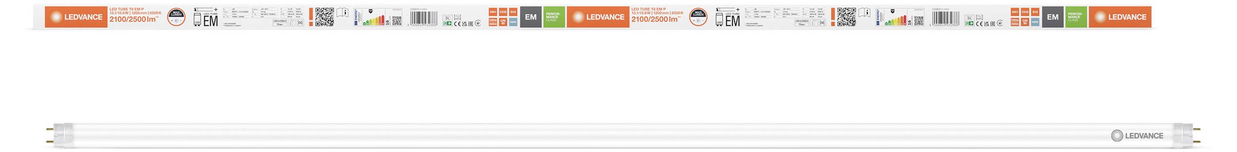 'Osram Lumilux' fluorescent tube with a white body and orange ends displaying technical specifications and logos.