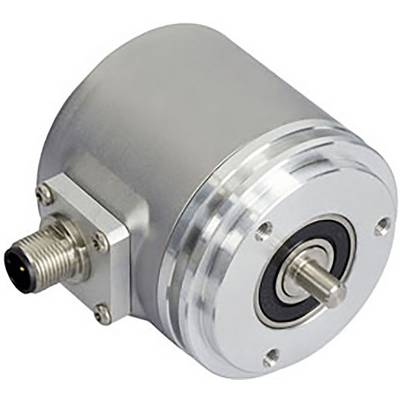 A cylindrical metal device with a connector and a rotating shaft, likely a rotary encoder, used in automation for precise position feedback.
