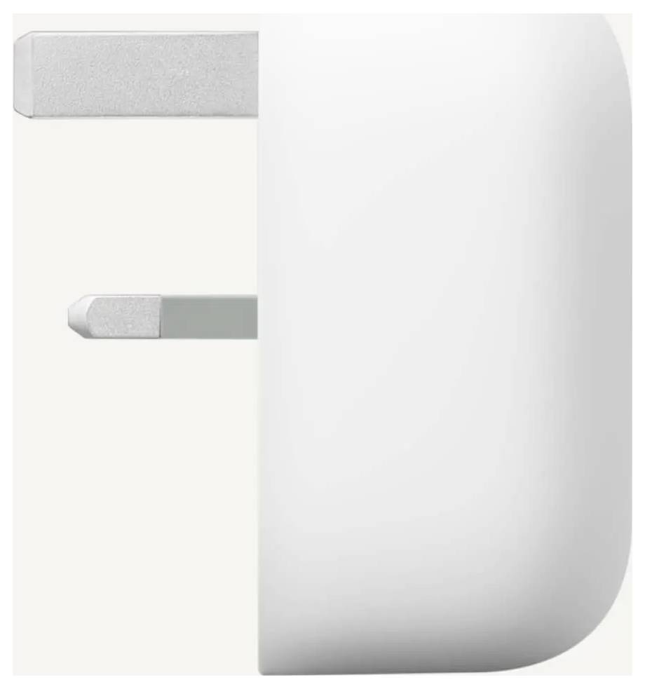 Close-up of a white two-prong electrical plug with a rounded rectangular body, shown against a plain light background.