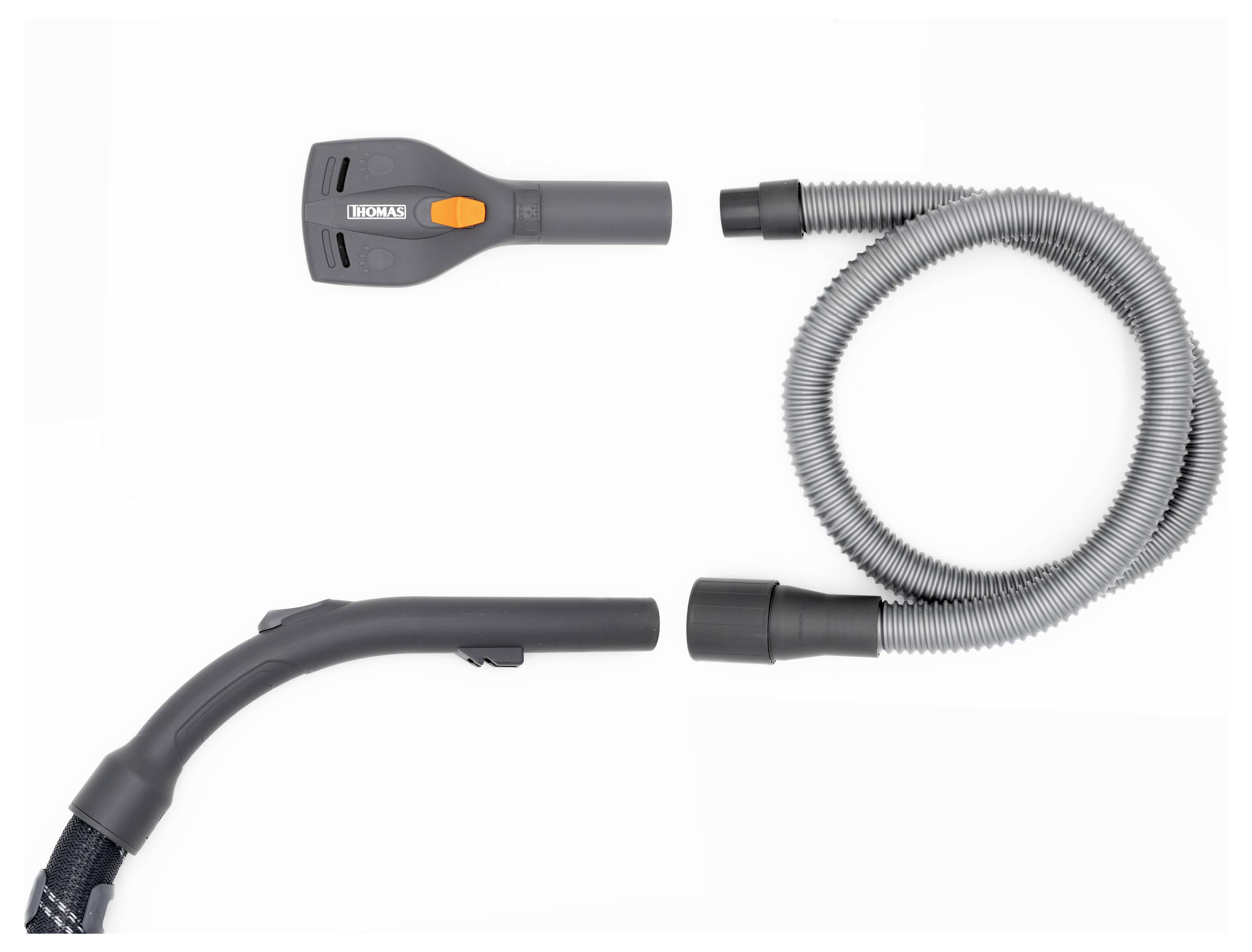 'Vacuum cleaner accessories: a nozzle, hose, and wand attachment arranged against a white background.'