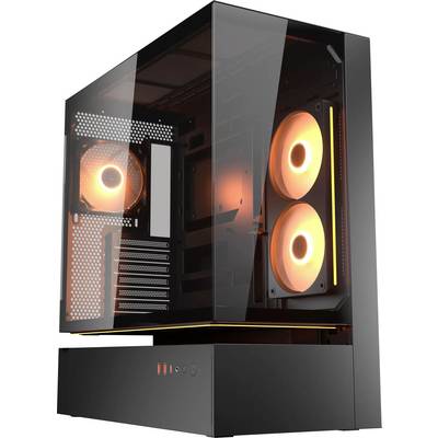 A sleek, black computer case with transparent panels showcases three orange-lit cooling fans inside, highlighting its modern design.