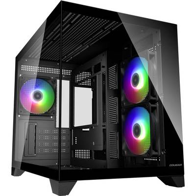 A black gaming PC case with transparent panels showing internal RGB cooling fans illuminating in rainbow colors.