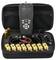 'Network cable tester kit in a black case, containing a main device, eight yellow connectors, USB cord, two batteries, and cables.'