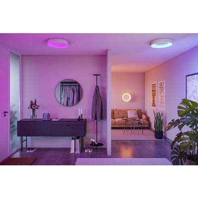Modern living room and hallway with colorful ceiling lights, a round mirror, a coat rack, and a sofa. Decor includes plants and framed art.
