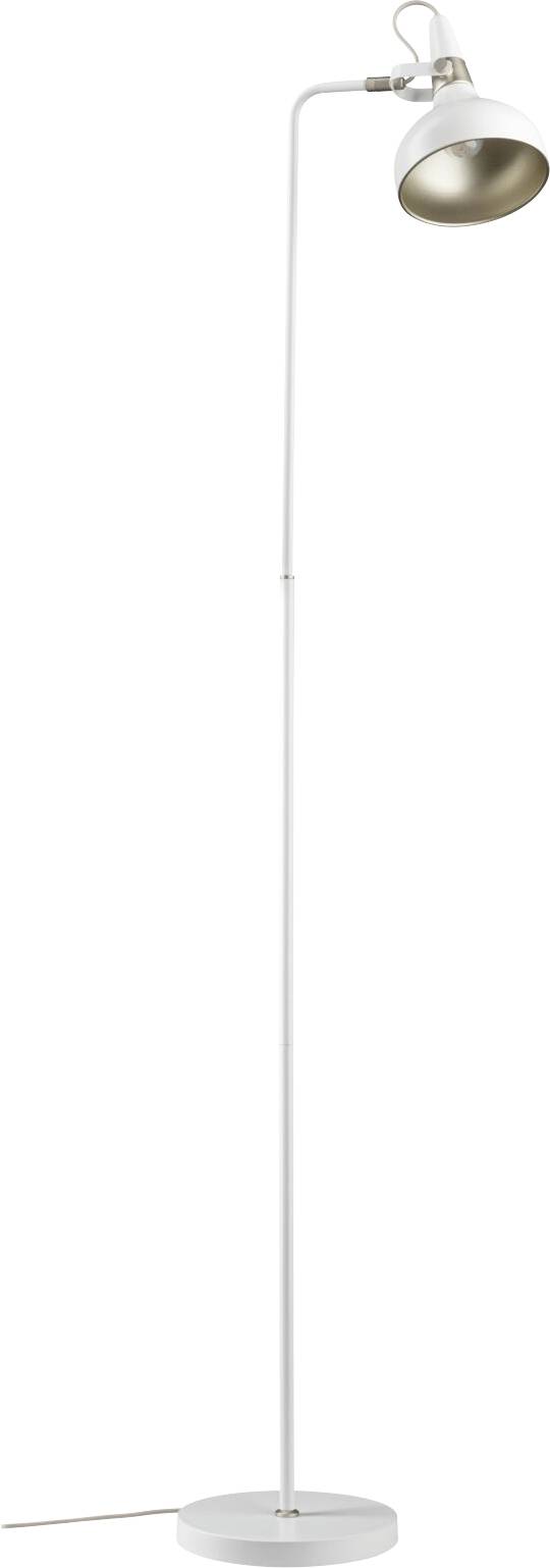 A minimalist white floor lamp with a slim, tall pole and an adjustable, cone-shaped head, ideal for modern living spaces.