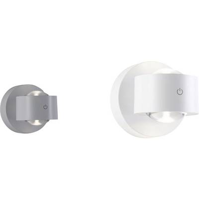 Wall-mounted LED light with a circular backplate and curved front, featuring a central power symbol.