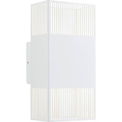 A modern, rectangular wall light fixture with vertical slats allowing light to filter through, creating a subtle pattern on the wall.