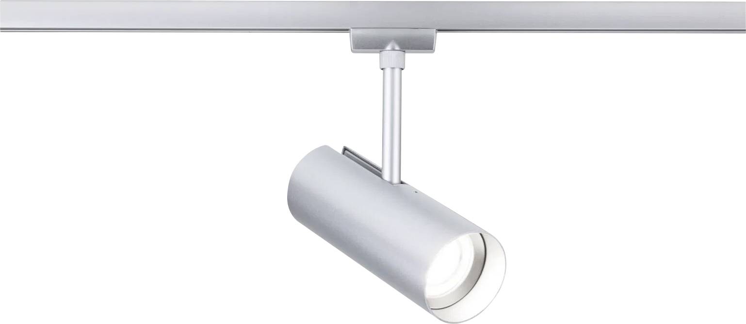 A sleek, modern silver track light fixture, featuring a cylindrical design, is mounted on a metal rail, suggesting adjustable lighting.