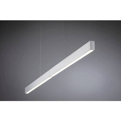 A modern, minimalist rectangular pendant light emits soft white light against a gray background, highlighting its sleek, contemporary design.