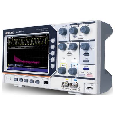 A digital storage oscilloscope displaying a waveform on its screen, with various control knobs and buttons for adjusting signals.