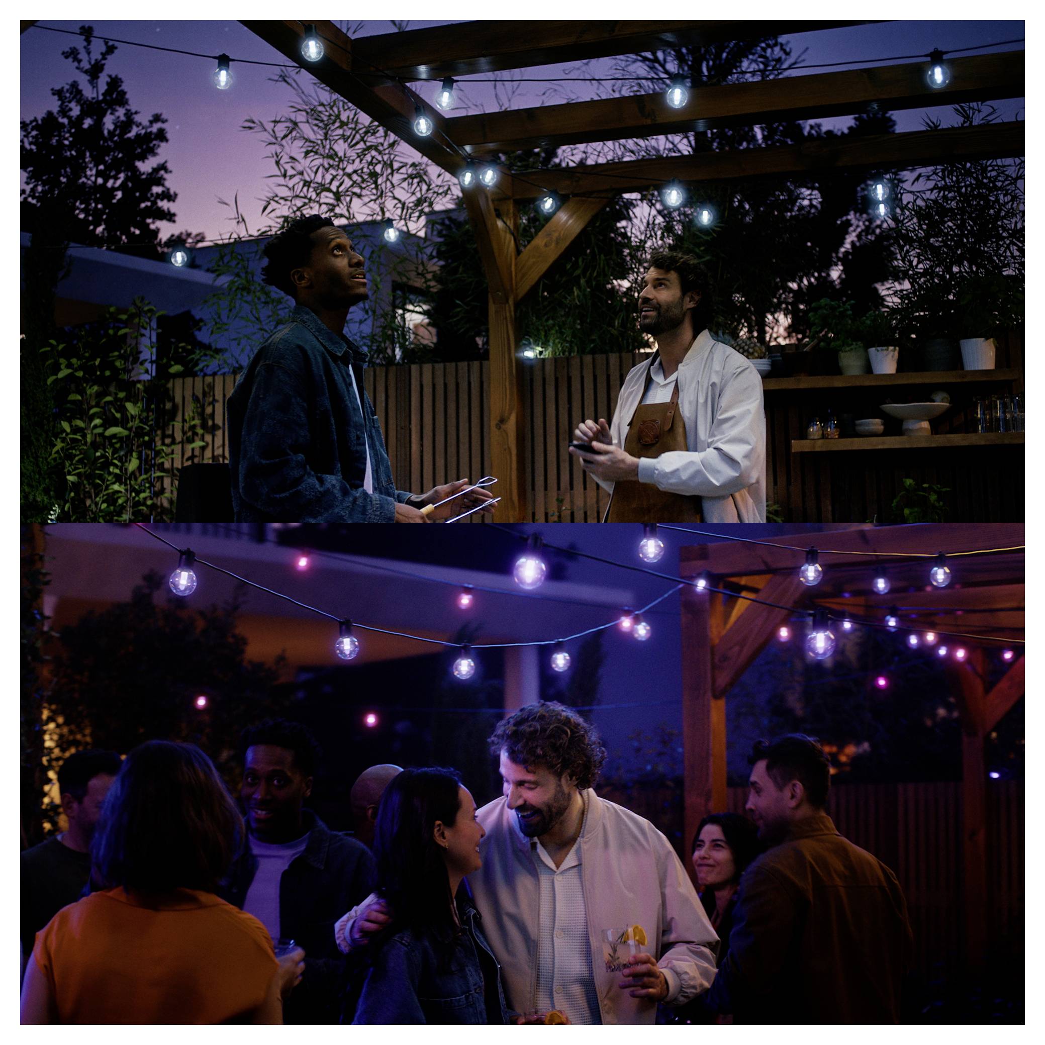 Two men talk under string lights on a pergola at dusk. Later, a social gathering takes place, with guests mingling and enjoying the ambiance.