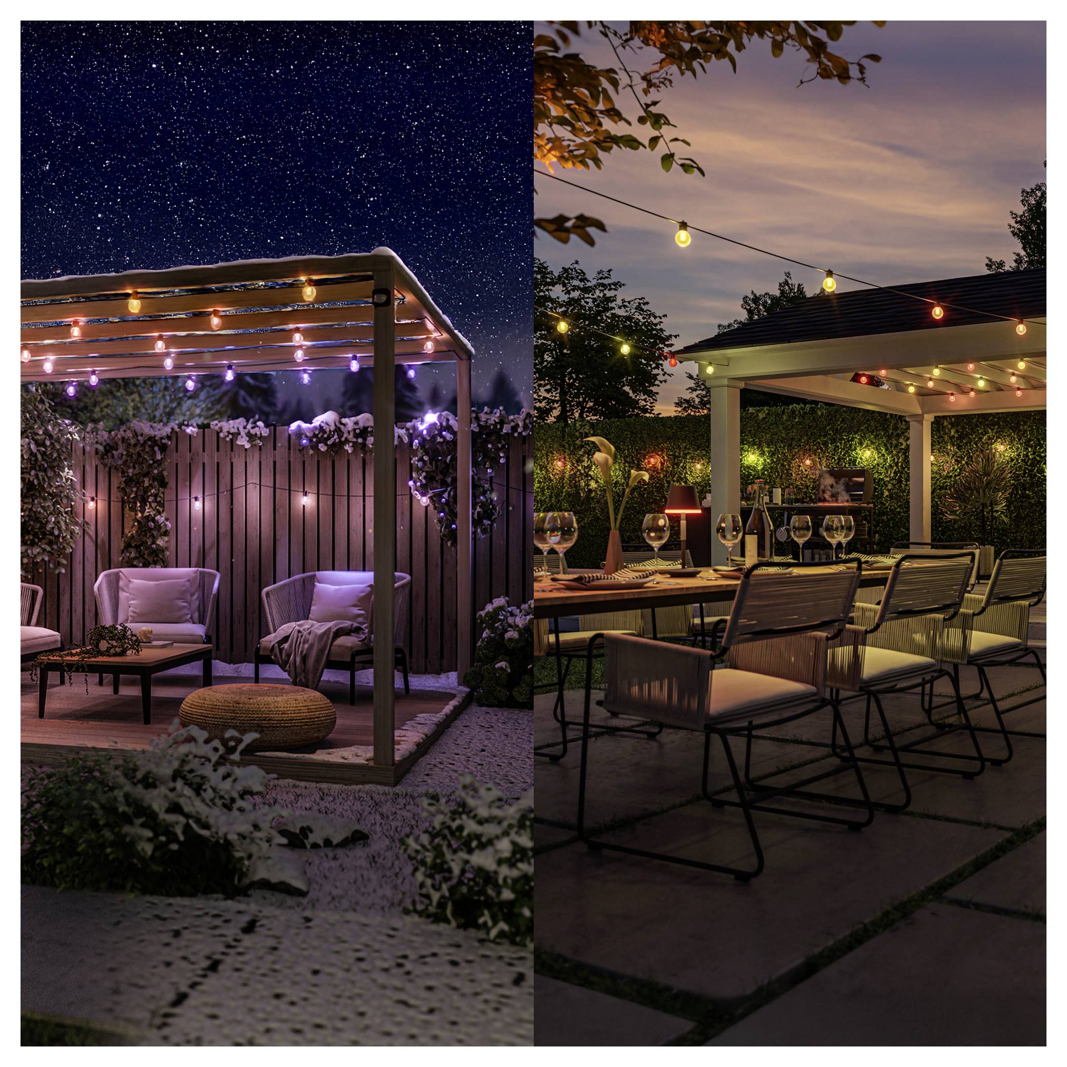 Outdoor patio divided by time: starry night with purple lights on left, sunset with warm lights on right. Cozy seating and decor.