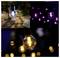 'Three photos of string lights: top left shows a clear bulb in a garden; top right shows purple lights at night; bottom shows a glowing bulb at dusk.'