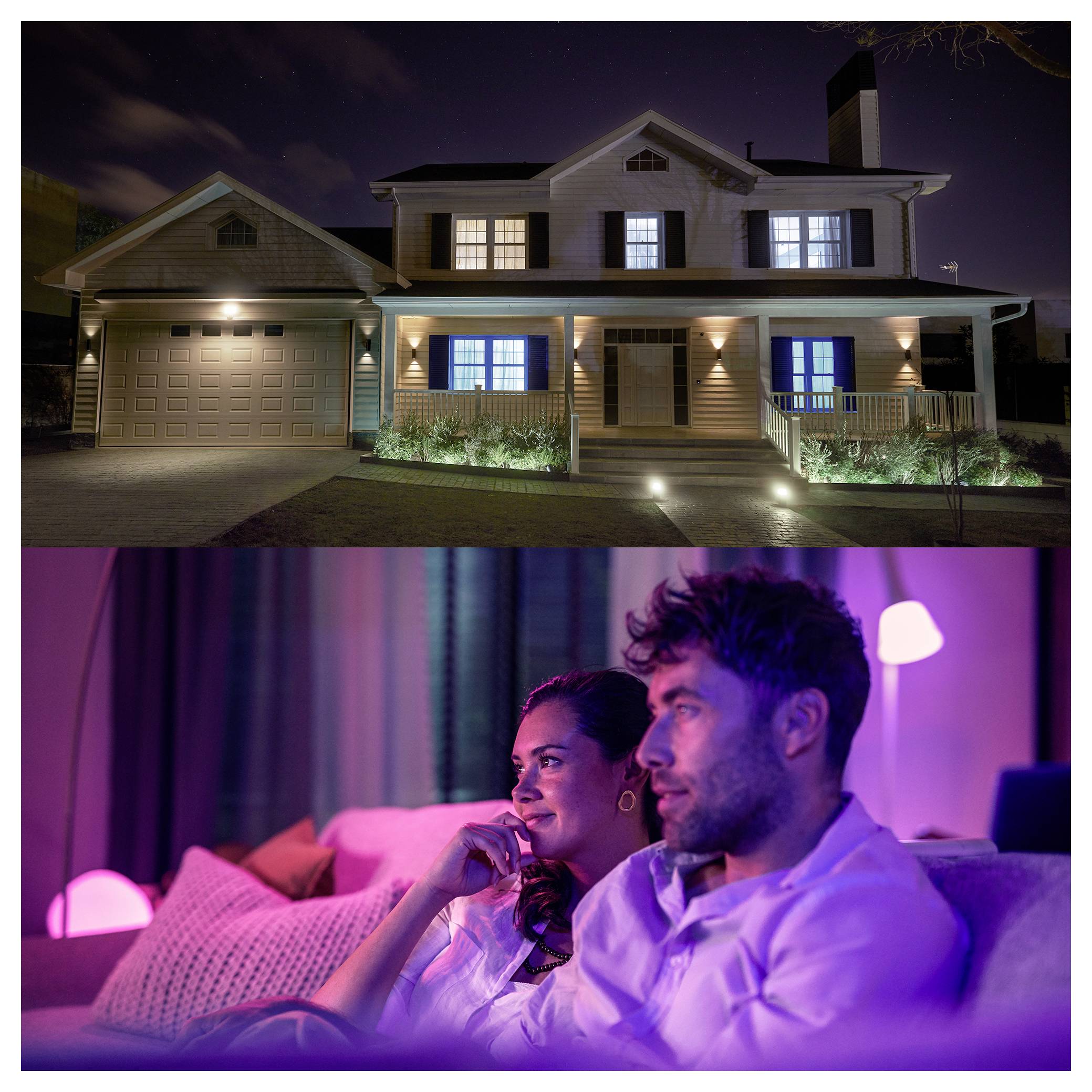 A modern two-story house at night with lit windows. Below, a couple on a couch watches something intently, surrounded by warm lighting.