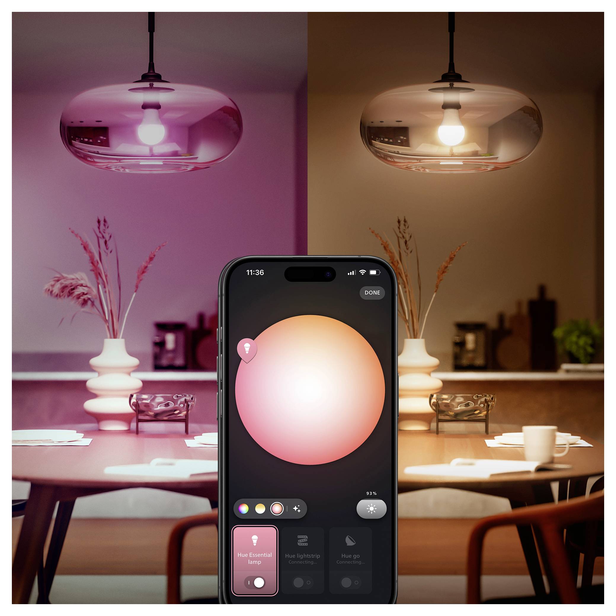 A room with adjustable lighting showcases a phone controlling the hue, demonstrating the transition from pink to warm light over a dining table.