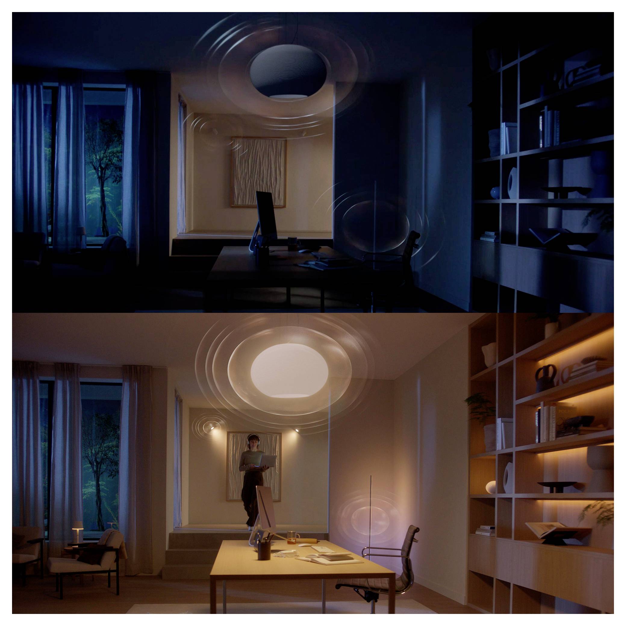 'Two images of the same room: Top shows a dark ambiance with dim lighting; bottom shows the room brightly lit, revealing furniture and decor.'