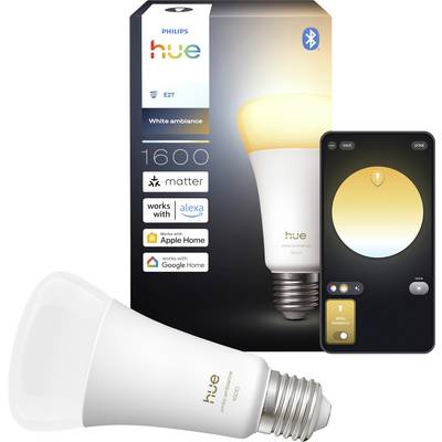 'Philips Hue White Ambiance' smart bulb packaging, showing 1600 lumens, compatibility with Alexa, Apple Home, Google Home, Matter, and Bluetooth.