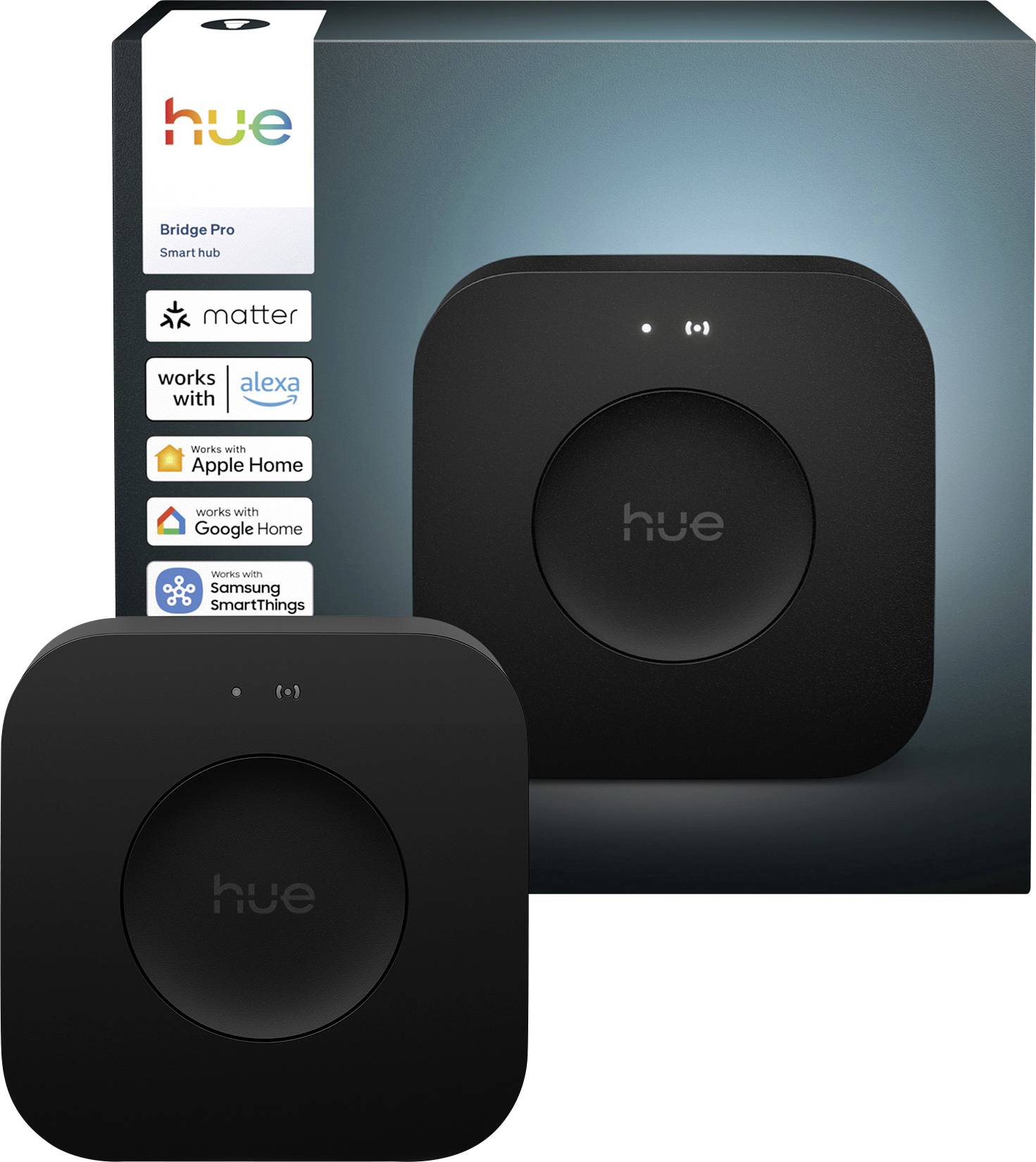 Philips Hue Bridge Pro in black in front of its packaging, compatible with Matter, Alexa, Apple Home, Google Home, and SmartThings.
