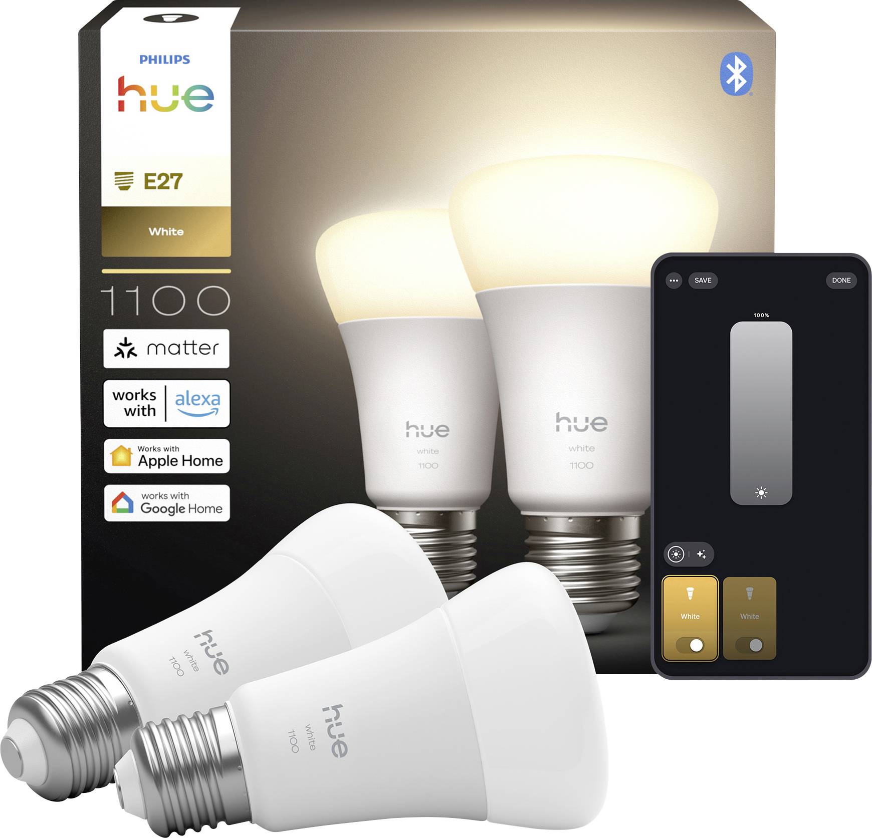 Philips Hue E27 smart bulbs and remote control, compatible with Alexa, Apple Home, and Google Home, shown in packaging.