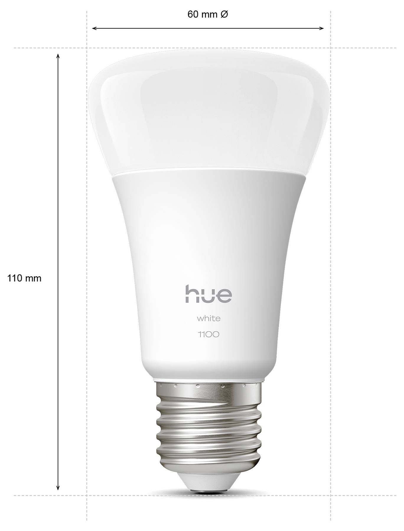 Smart LED bulb, white, dimensions: 110 mm height and 60 mm diameter, shown in a vertical orientation.