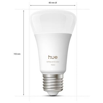 A white smart light bulb labeled 'hue white and color 1100' with dimensions: 110 mm height, 60 mm diameter.