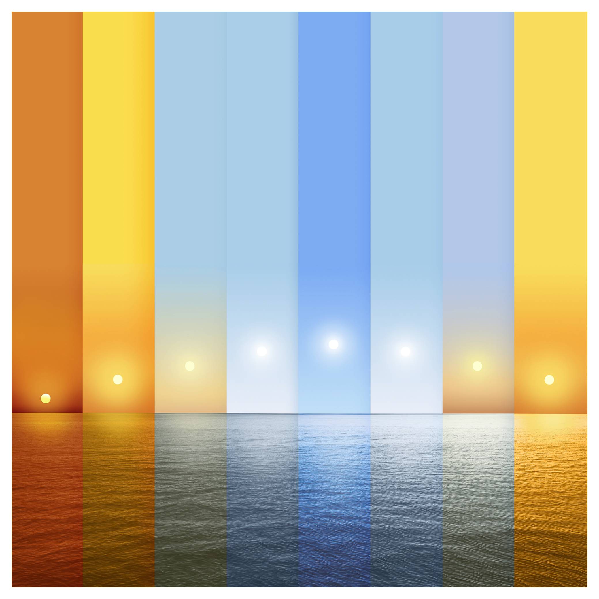 The image shows a series of vertical panels depicting a sunset over the ocean, transitioning from day to night with vibrant colors.