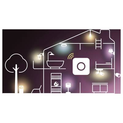 Smart home illustration showing connected devices: a bathroom, smart hub, lighting, and security camera with colored lights in a house layout.