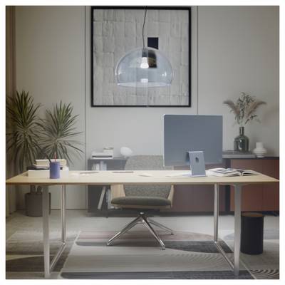 A modern office setup with a wooden desk, chair, computer monitor, and plants. A framed picture and pendant light decorate the space.