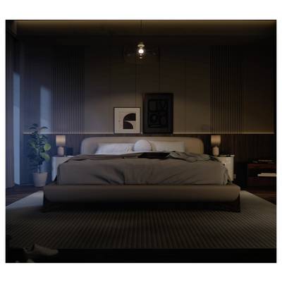 A modern bedroom with a large bed, soft lighting, and framed artwork on the wall. A potted plant sits to the left of the bed.