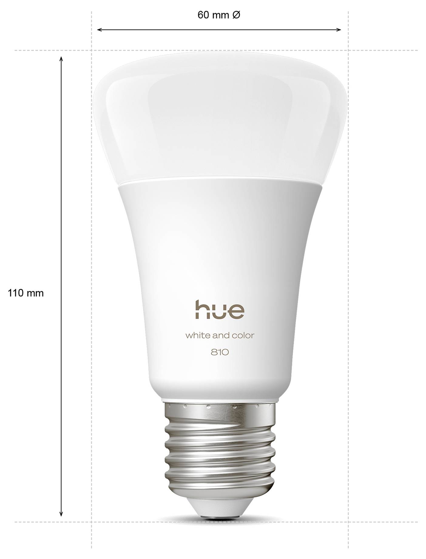 A white smart LED bulb labeled 'hue white and color 810', measures 110 mm high and 60 mm in diameter, suitable for home lighting.