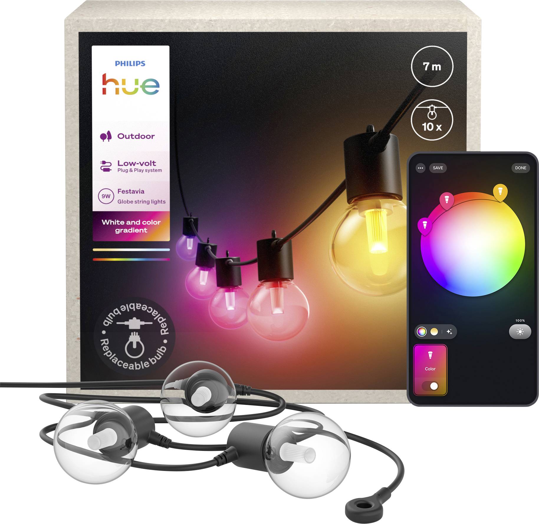 'Philips Hue outdoor string lights in packaging, showcasing colorful bulbs and smart app control with adjustable color options.'