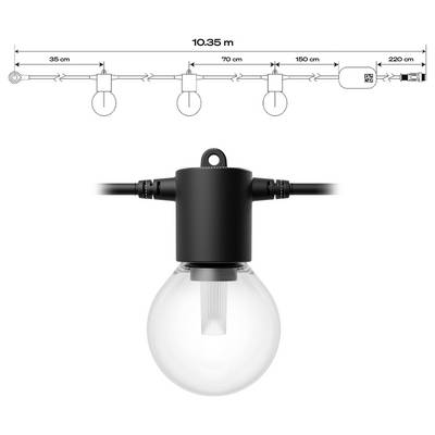 String lights with three bulbs spaced at 35 cm, 70 cm, and 150 cm distances. Total cord length is 10.35 m, ending in a plug.