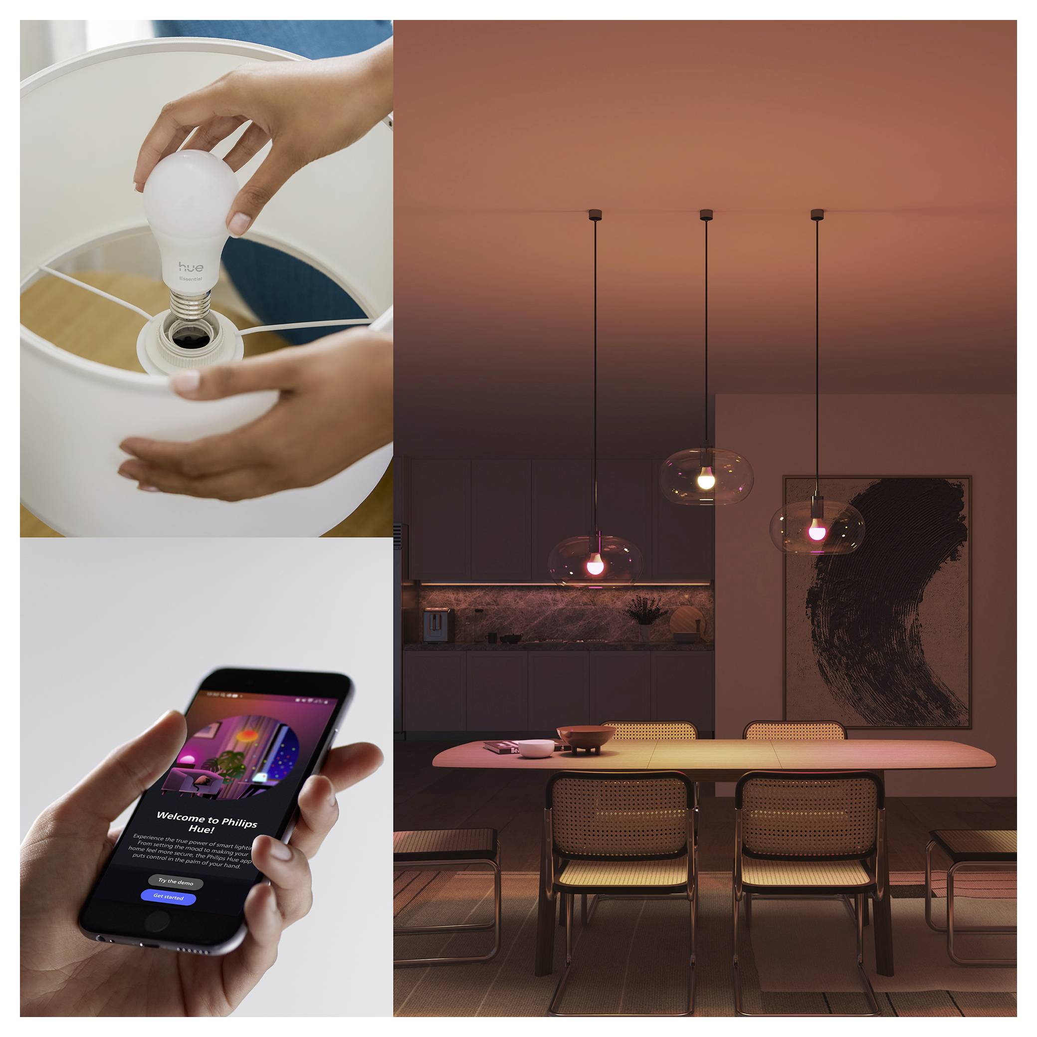 'Hand installing smart bulb into lamp. Smartphone displaying app setup screen. Dining area with smart lighting and modern decor.'