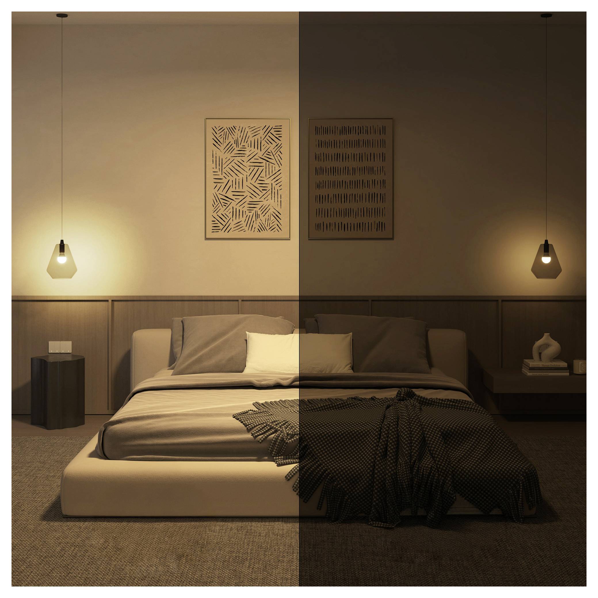 A modern bedroom with a low platform bed and pendant lights. The lighting on the left side is brighter, showing contrast with the dim right side.