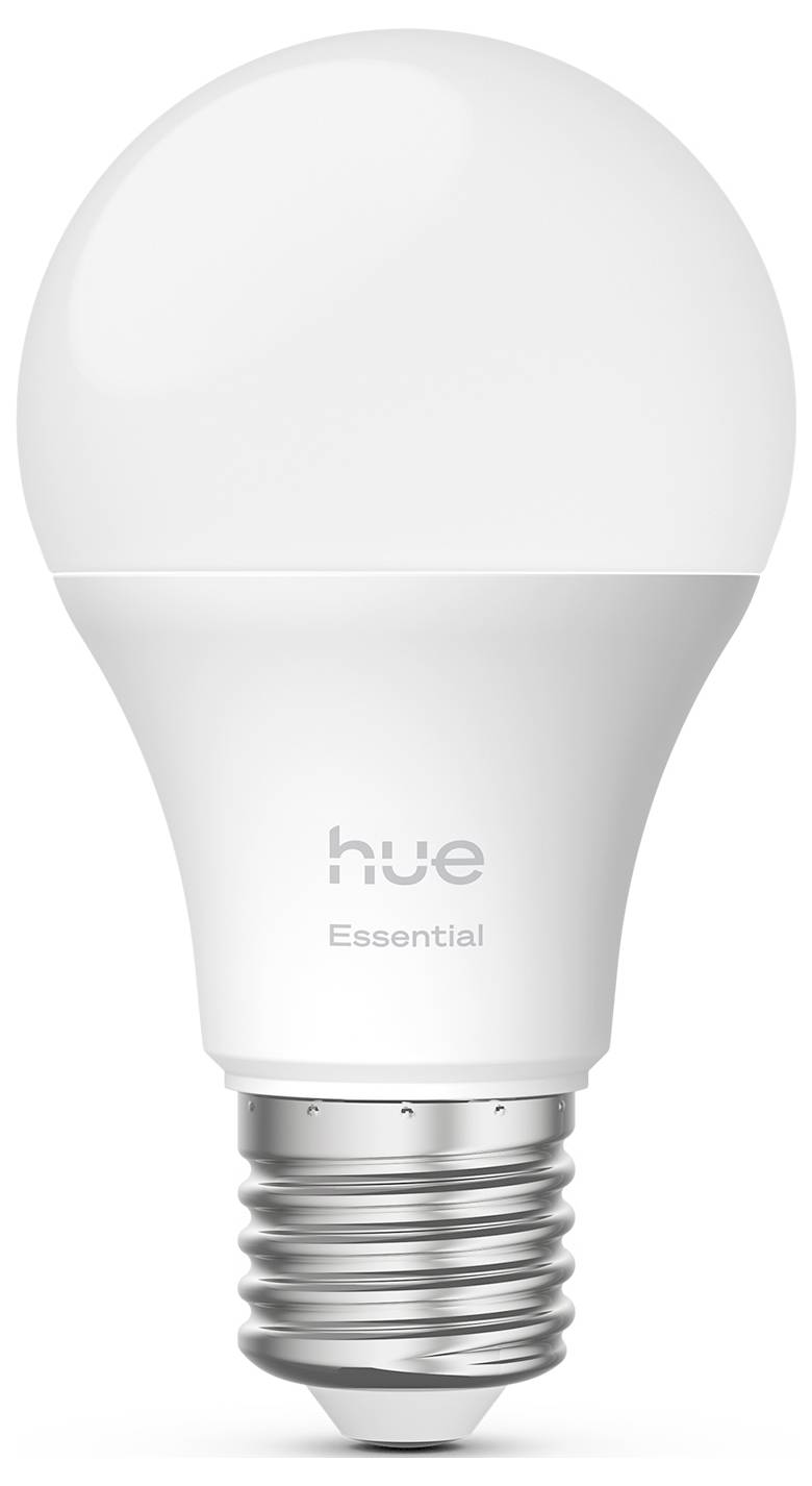 A white smart light bulb labeled 'hue Essential' with a standard screw base, designed for smart home lighting solutions.