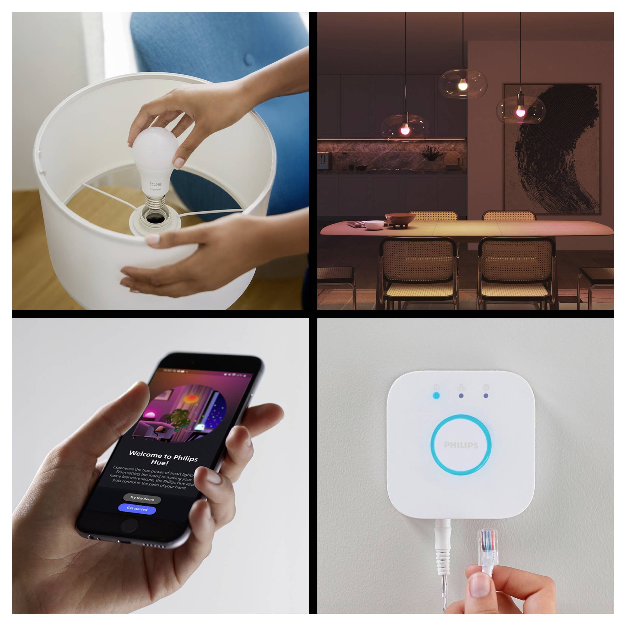 A collage of images showing a person installing a smart bulb, a cozy dining setup with smart lighting, a hand holding a phone with the 'Welcome to Philips Hue' screen, and a Philips Hue smart hub.
