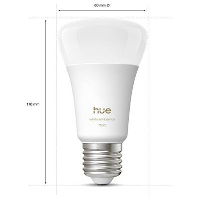 White light bulb with 'hue white ambiance 1100' text, 110mm height, 60mm diameter.