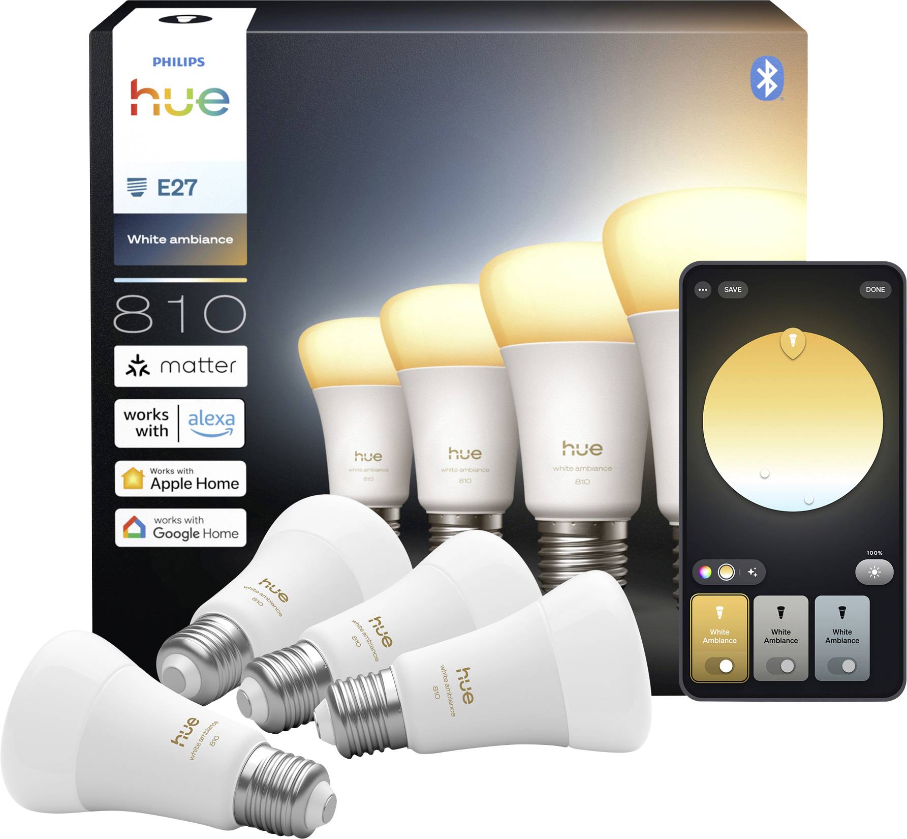 Philips Hue White Ambiance smart bulbs pack with four bulbs, Bluetooth control, compatible with Alexa, Apple Home, and Google Home assistants.