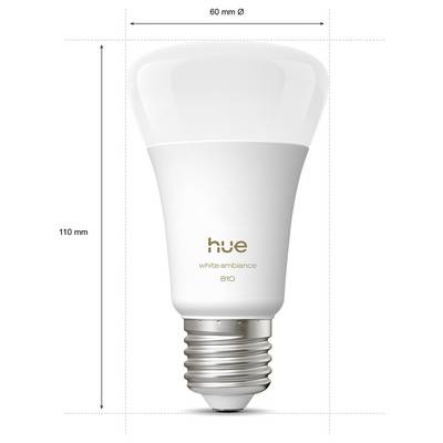 A white smart light bulb labeled 'hue white ambiance 810' is shown with dimensions of 110 mm in height and 60 mm in diameter.