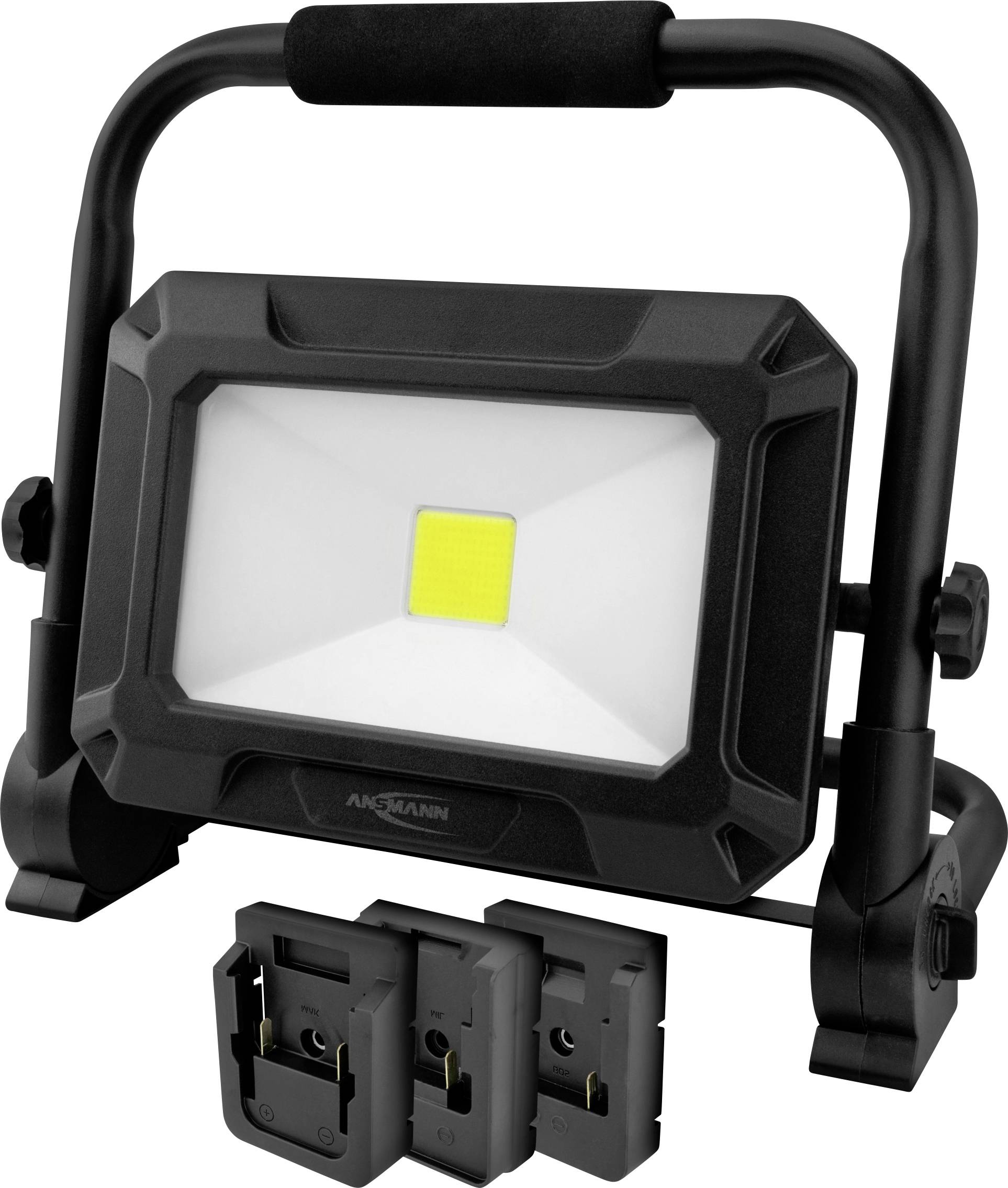 A portable black LED floodlight with a handle, designed for outdoor use. It includes battery compartments at the base.