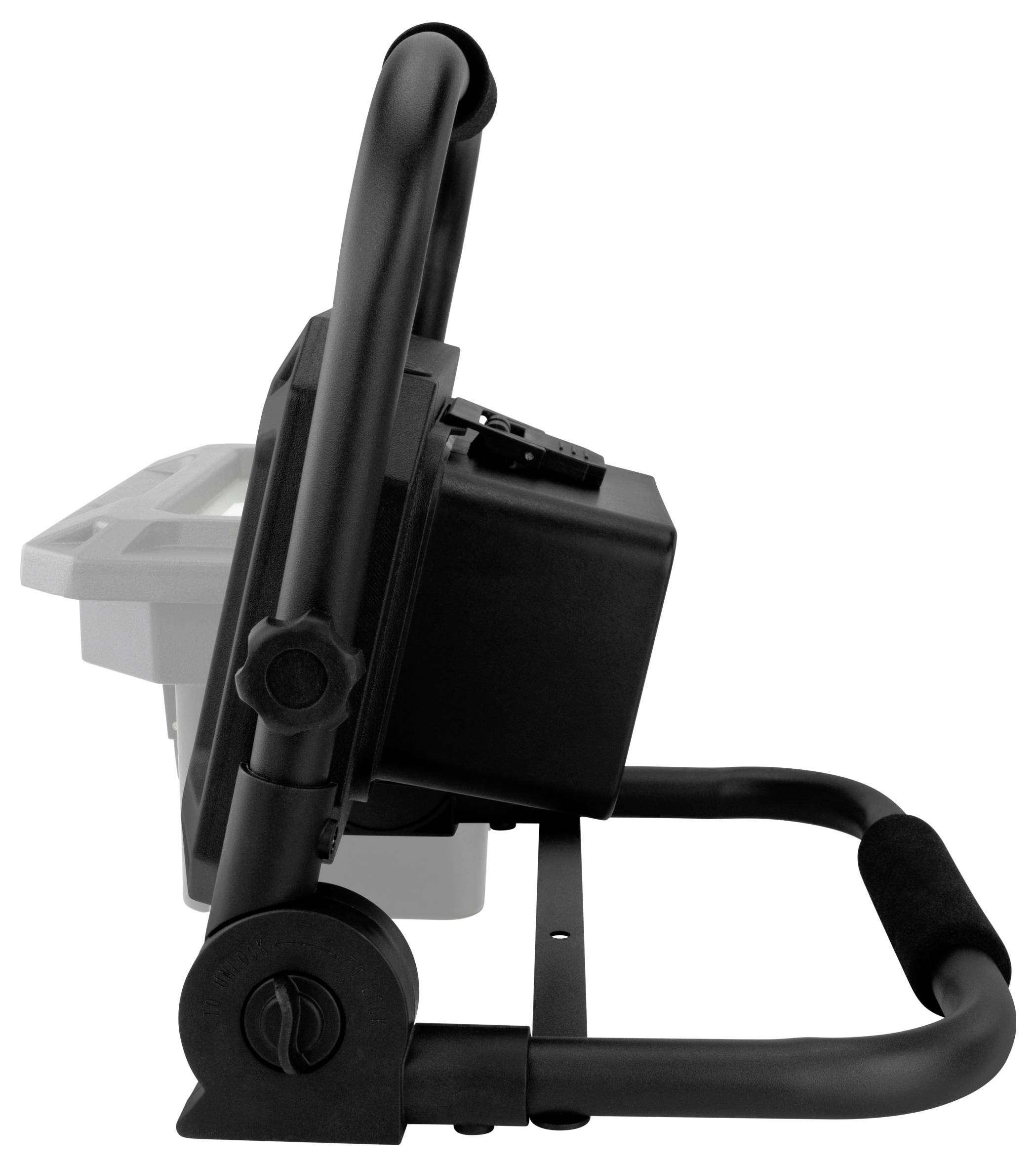 A portable LED floodlight with a black frame and handle, positioned to the side, showing its adjustable angle feature.