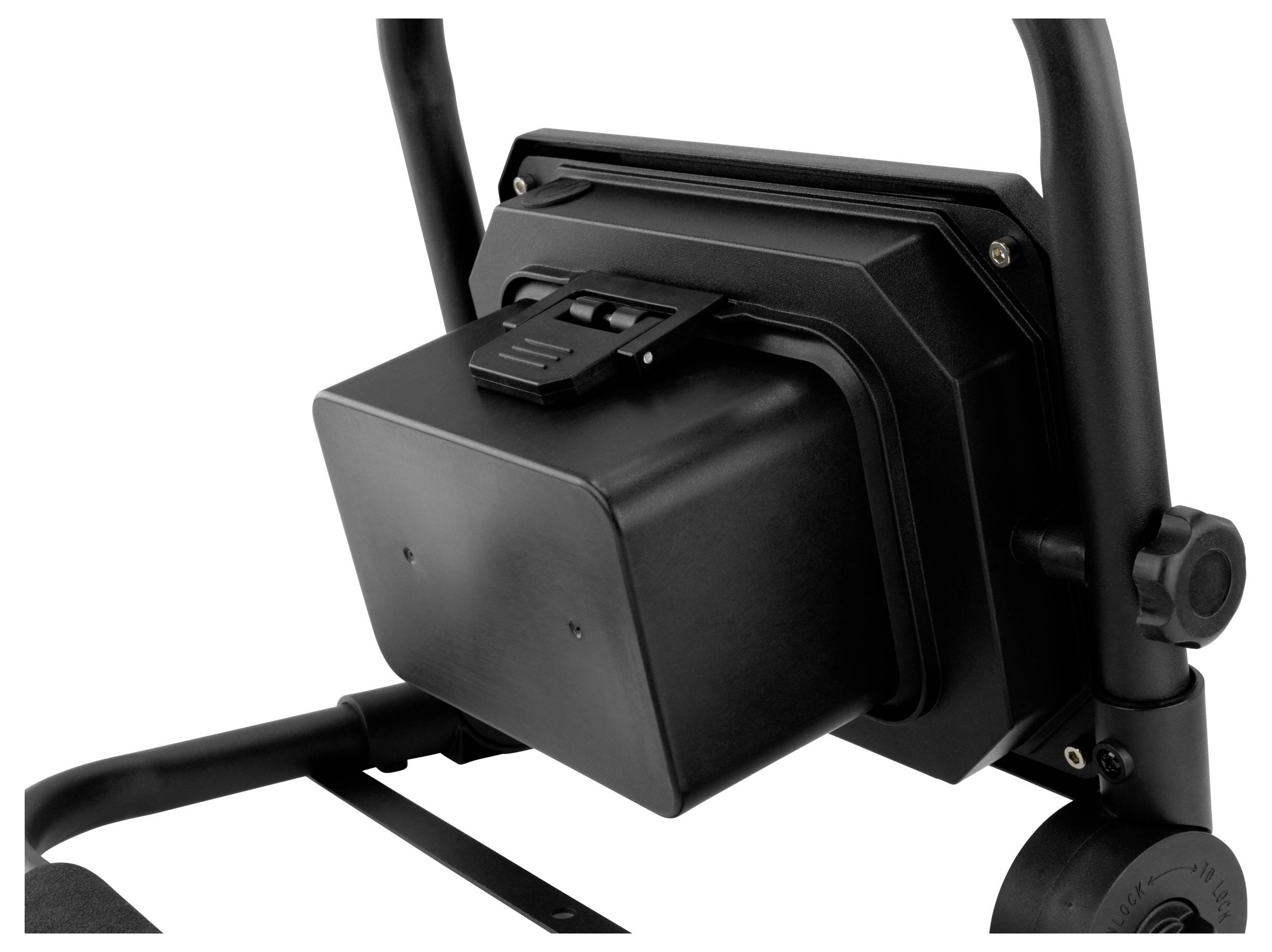 A black box-shaped component is attached to the back of a chair-like frame, possibly representing a battery or control unit for electronic devices.