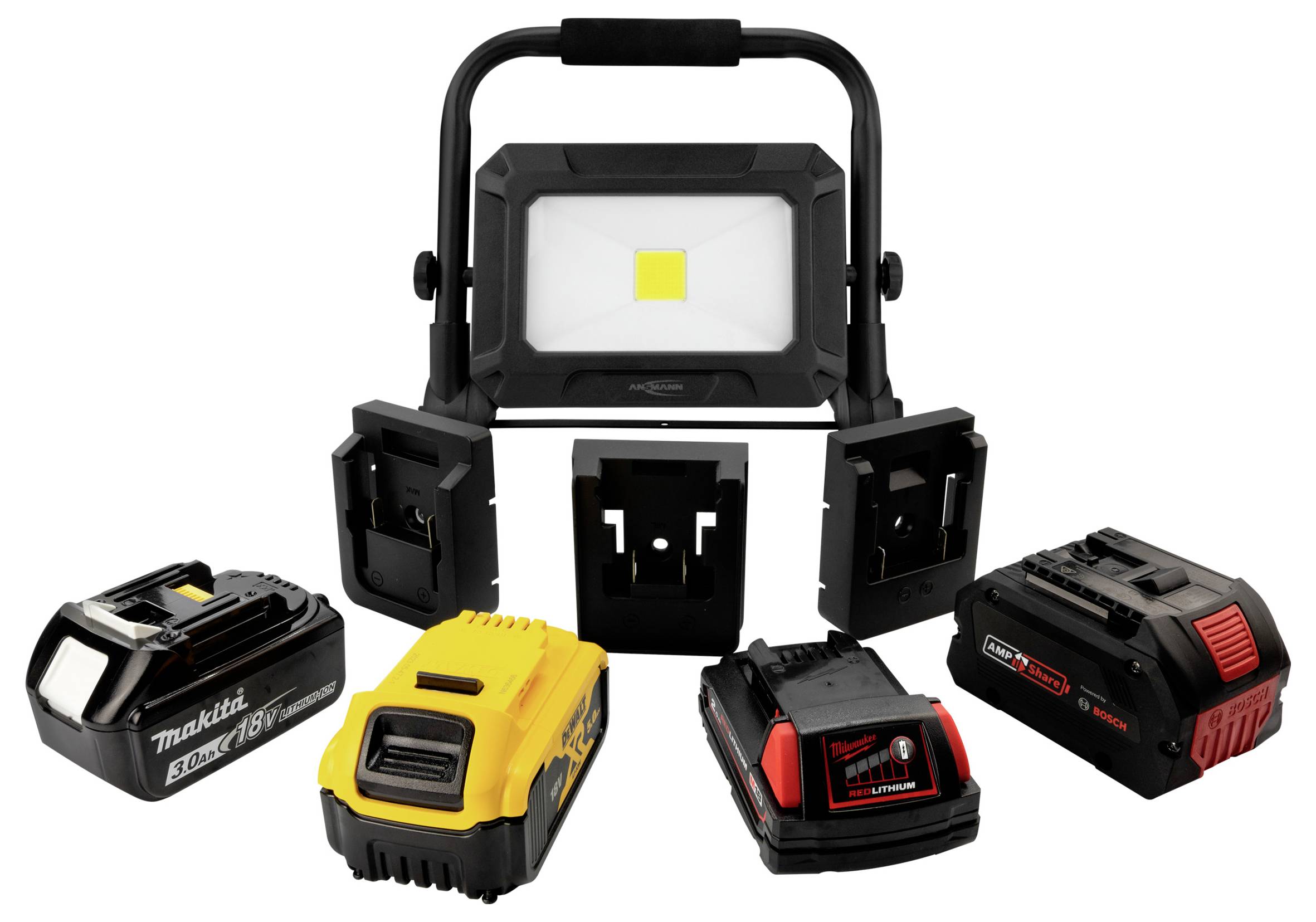 'LED work light with four compatible battery adapters displayed around it, showcasing brand versatility and adaptability for various power tool batteries.'